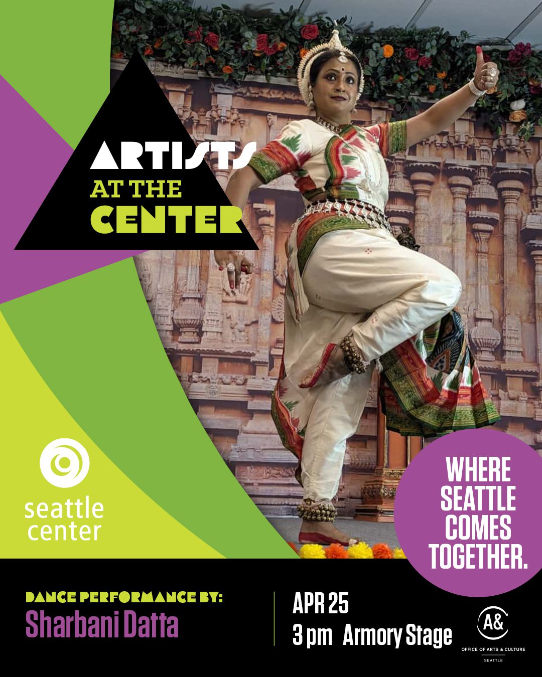 An Indian dancer with a leg up. Text reads "Artists at the Center, dance performance by Sharbani Datta."