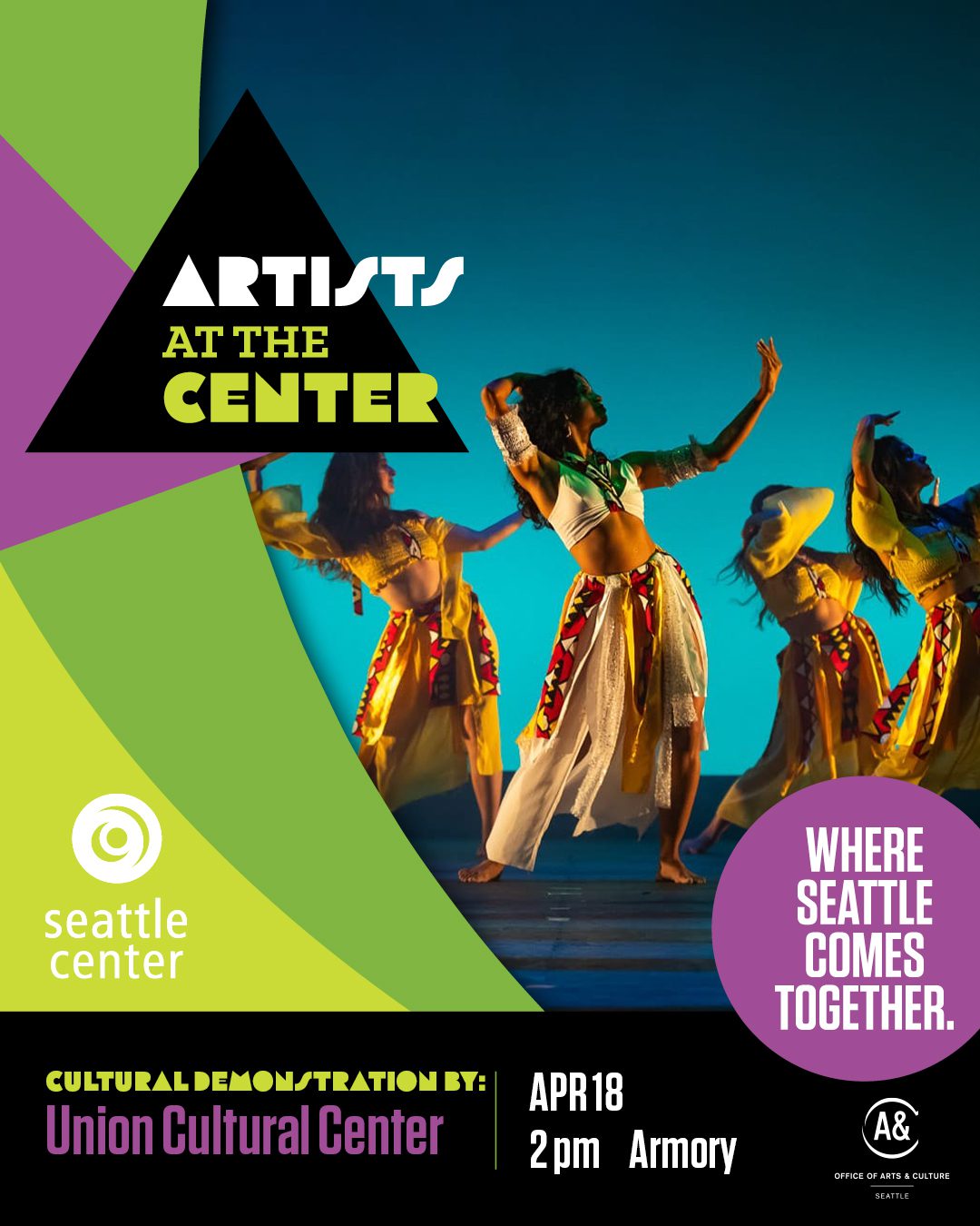 Indian dancers in a pose. Text reads "Artists at the Center, cultural demonstration by Union Cultural Center."