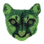A jaguar face made out of small green beads