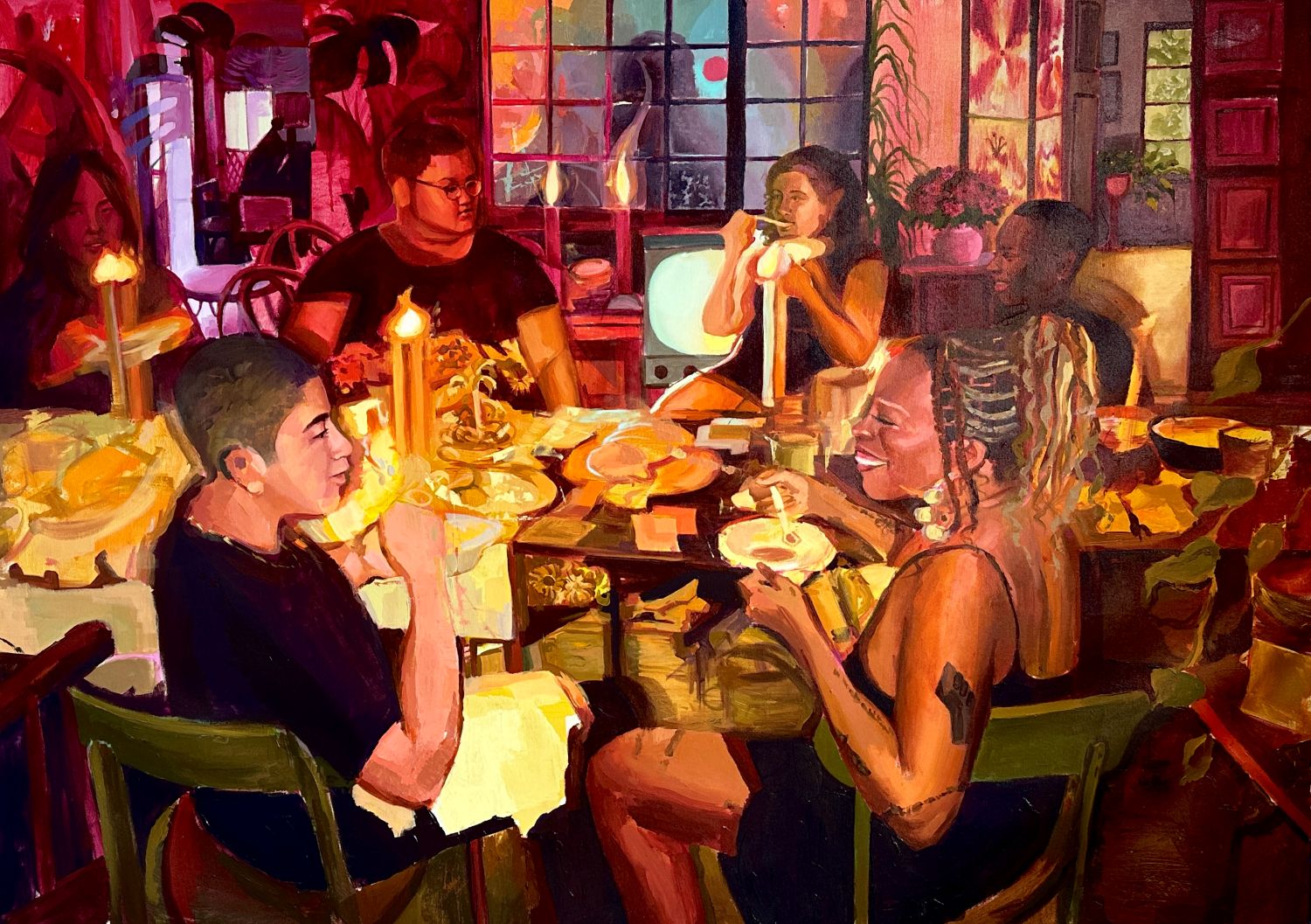 Painting of six young Black adults sit around a dining table eating food and laughing together.