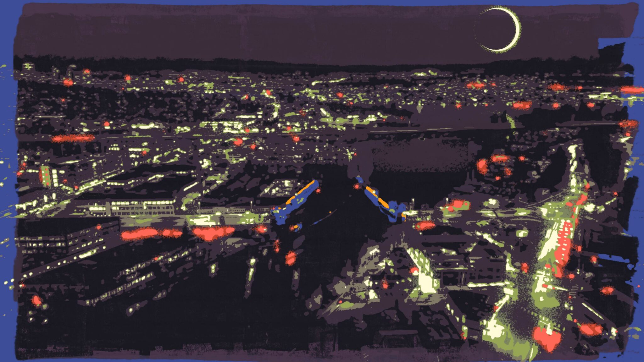 Video still of an animated lit up city at night from a bird-eye view