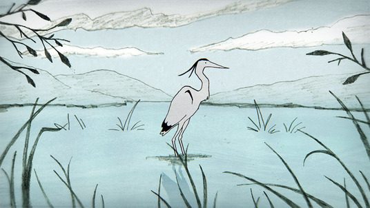 Handdrawn heron standing in wetlands