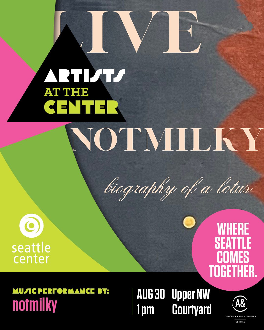 Poster with text reading "Live notmilky biography of a lotus" with overlaid graphics green, black, and pink graphics.