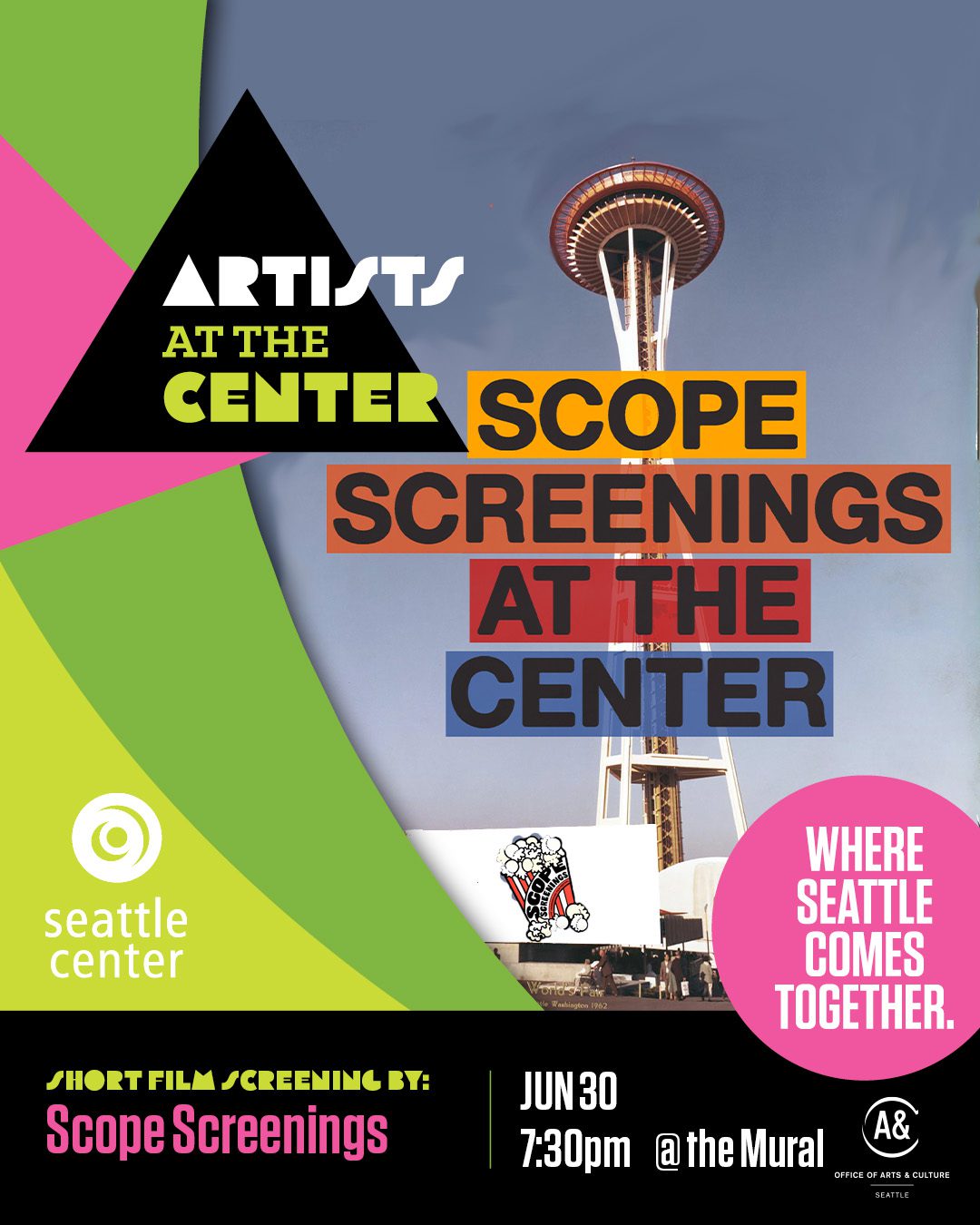 The Space Needle with overlaid text reading "Scope Screenings at the Center."