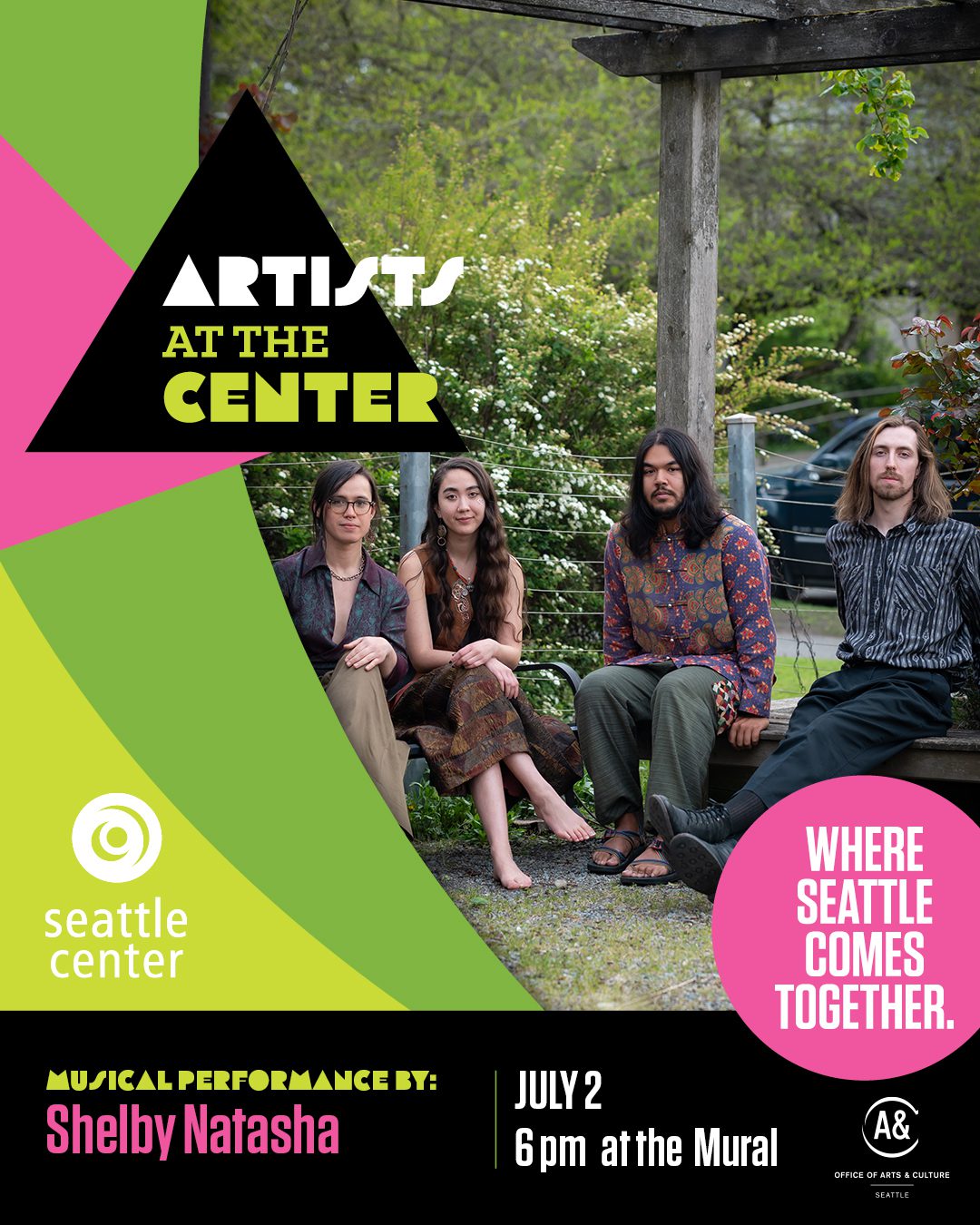 Four people sit outside. Text reads "Artists at the Center. Musical performance by Shlby Natasha."