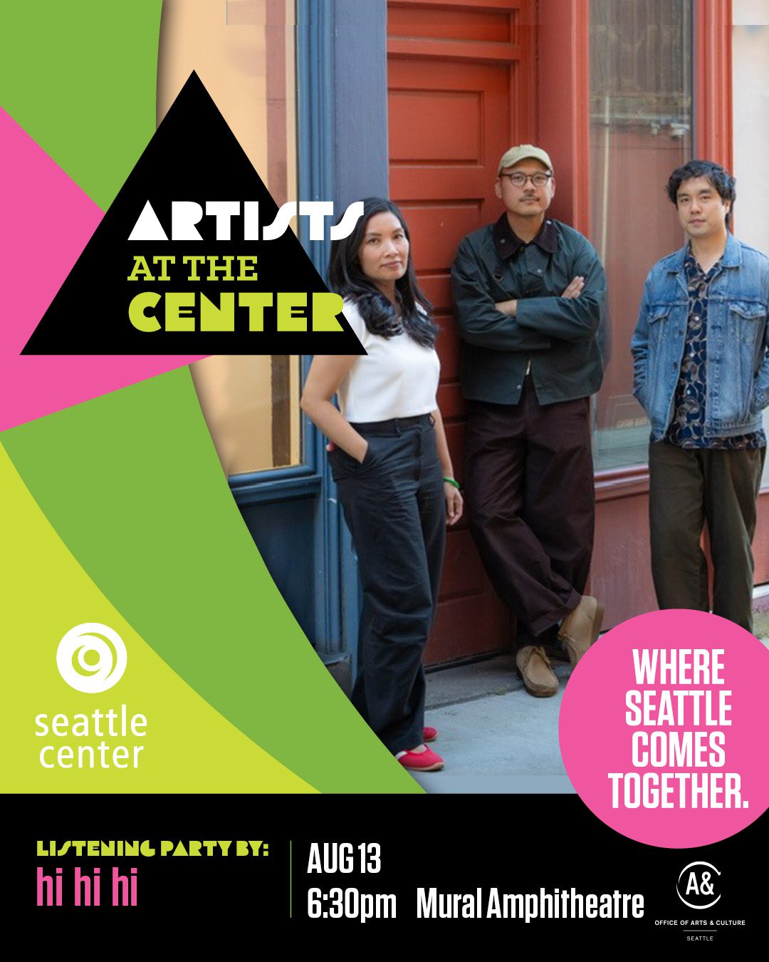 Three East-Asian adults pose with moody looks by a building entrance. Text reads "Artists at the Center, listening party by hi hi hi."