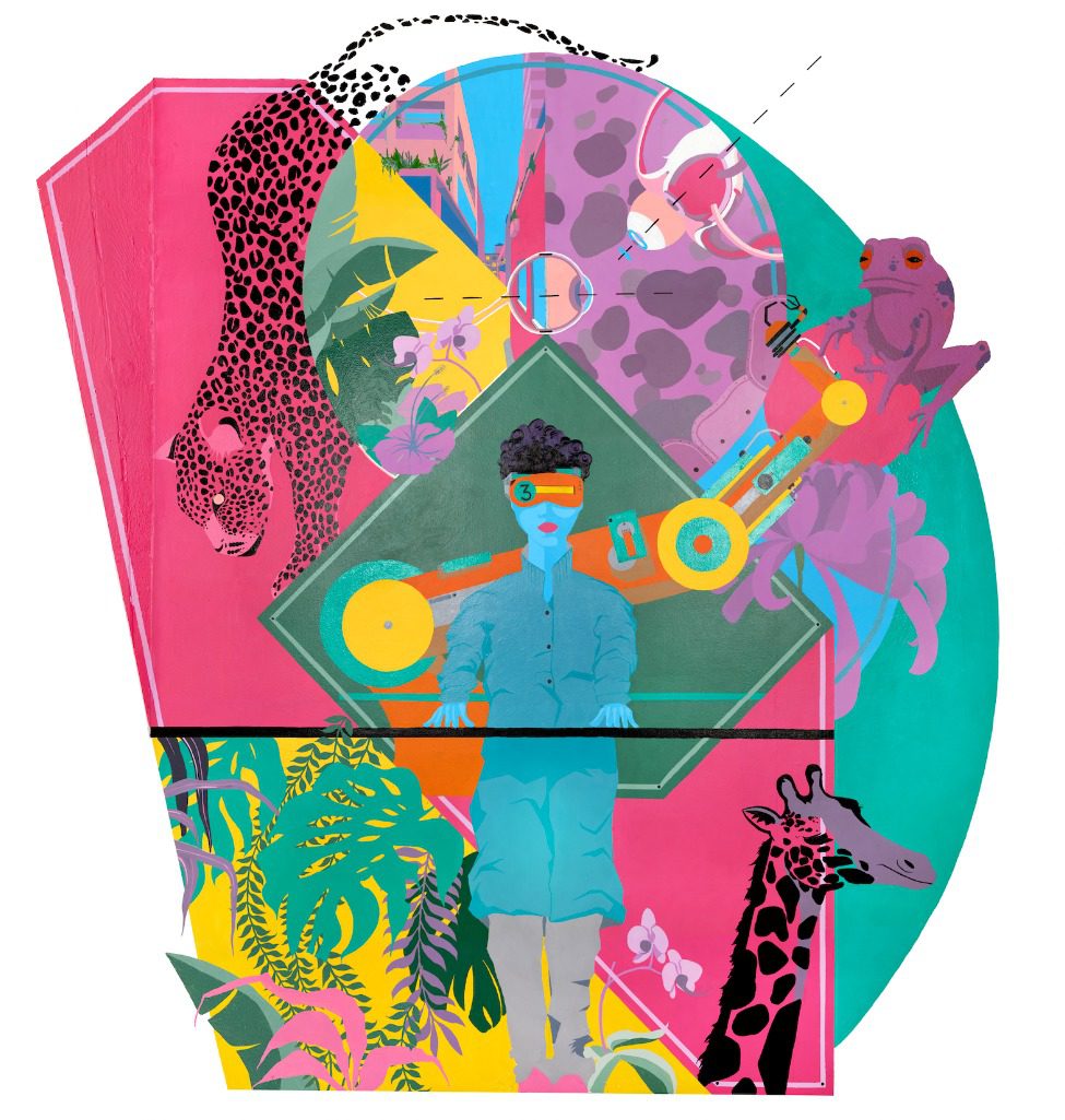 A colorful illustration of a man in front of graphic shapes and jungle animals