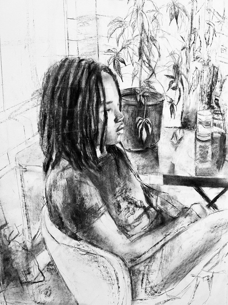 A charcoal portrait of a young Black person seated at a table with plants on it