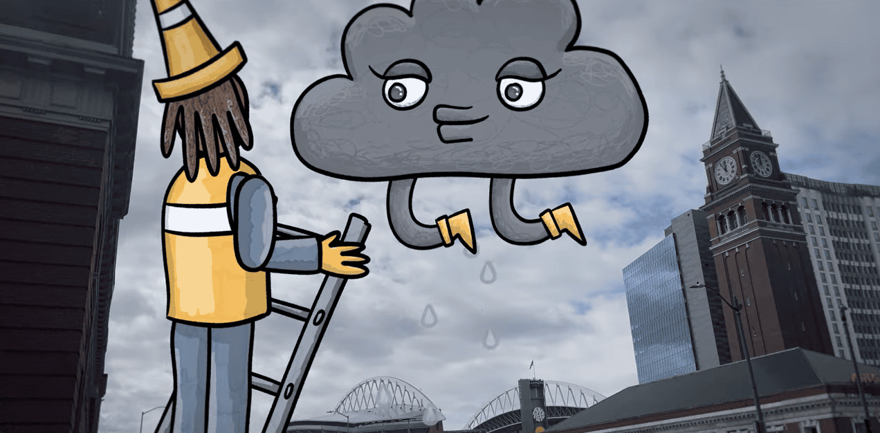 A cartoon cloud with a face smiles at an animated person on a ladder wearing a construction vest. They are imposed on top of a photo of King Street Station.