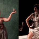 Heidi poses with a ceramic crocodile egg in one hand and a long black braid. Naomi poses in a squat with hands on her thighs and a dramatic look to the side. She wears an ornate white and beaded dress.