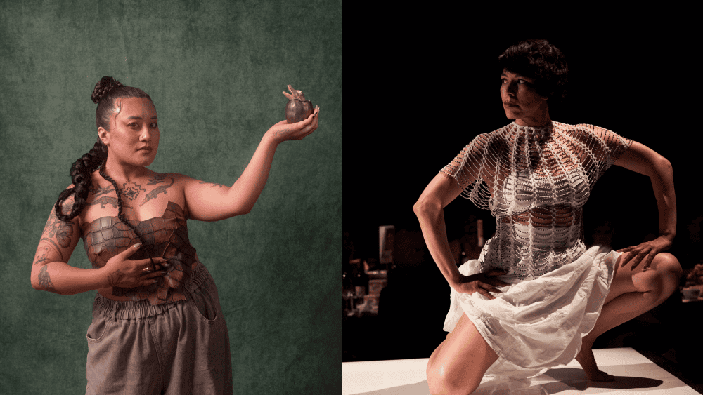 Heidi poses with a ceramic crocodile egg in one hand and a long black braid. Naomi poses in a squat with hands on her thighs and a dramatic look to the side. She wears an ornate white and beaded dress.