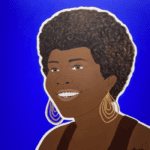 Acrylic, graphite and ink on canvas depicting a portrait of a smiling figure with brown skin and a dark afro on a blue background. The figure has large gold earrings and you can see the top of a brown-colored tank top.