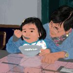 Digital illustration of an East Asian toddler eating out of a bowl on a kitchen table and sitting in the lap of an adult with glasses.