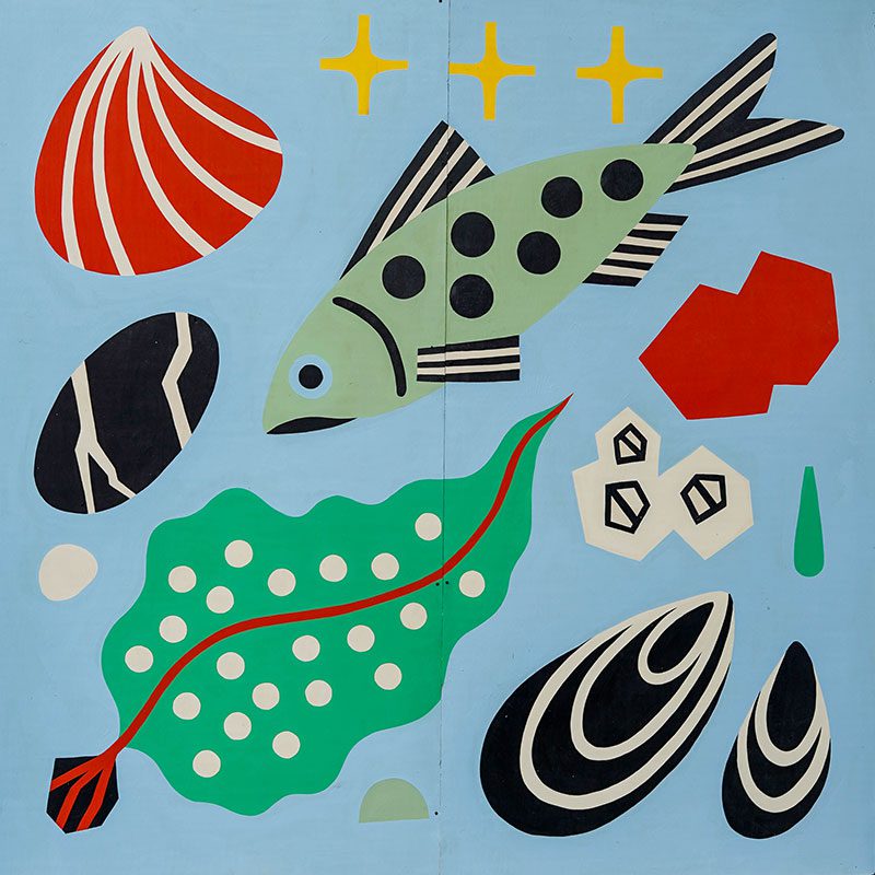Detail of a square painted panel of marine life and objects: fish, a marbled stone, mussels and clams, and plant life.